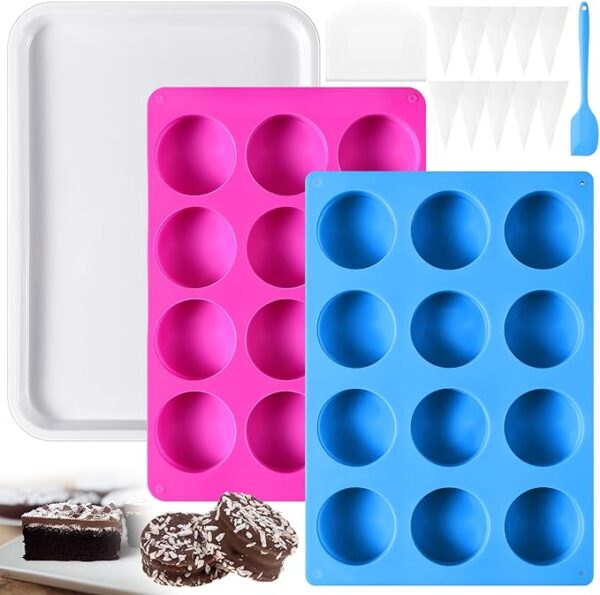 Cake Puck Mold Set Different Sizes 12 Cavity Chocolate Silicone Mold with Tray, Silicone Spatula, Piping Bag, Scraper Silicone Cake Baking Mold for Chocolate Candy Covered Dessert Molds