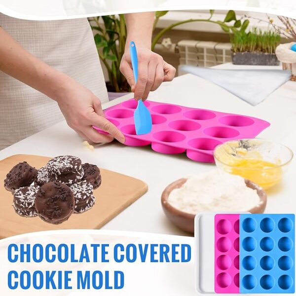 Cake Puck Mold Set Different Sizes 12 Cavity Chocolate Silicone Mold with Tray, Silicone Spatula, Piping Bag, Scraper Silicone Cake Baking Mold for Chocolate Candy Covered Dessert Molds - Image 4