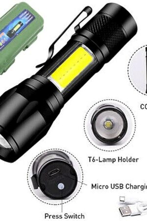 Mini LED Rechargeable Flashlight With COB Side Light - USB Chargeable Torch - Super Bright Torch - Zoomable Best Small LED Flashlight For Camping, Outing And Emergency - No Battery- 9cm - Black Color
