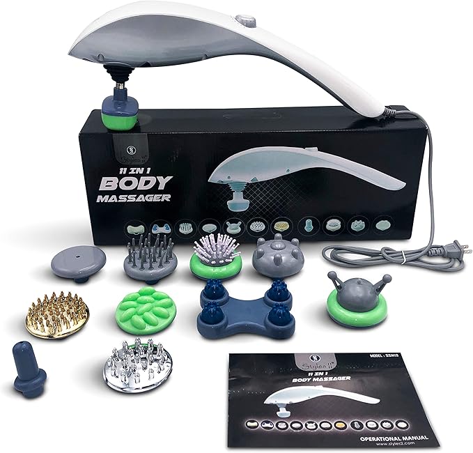 Styles II Percussion 11-in-1 Body Massager – Great at-Home Spa Machine for Neck, Back, Shoulder, Waist, Feet – Suitable for All, Comes with 11 Pcs Massage Head Attachments