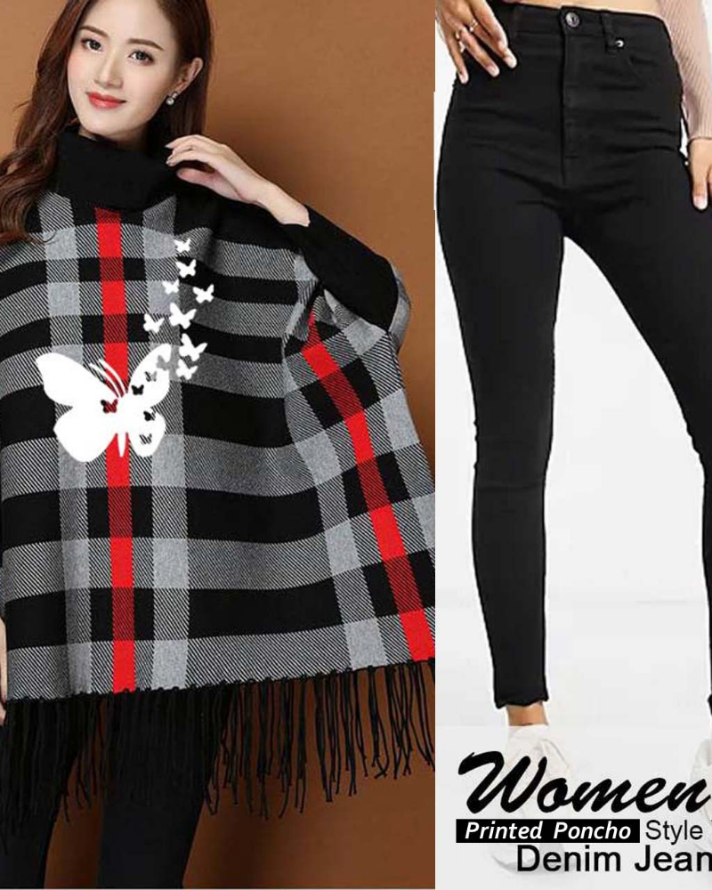 Checkered Bat-Wing Style Printed Fleece Poncho - Image 8