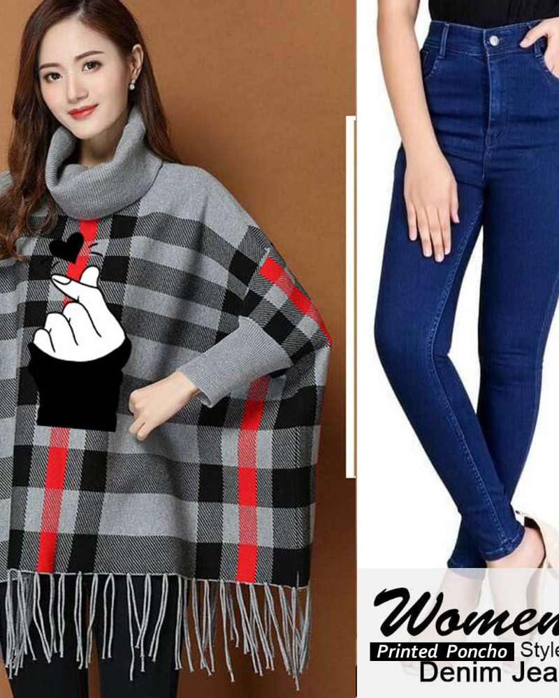 Checkered Bat-Wing Style Printed Fleece Poncho - Image 7