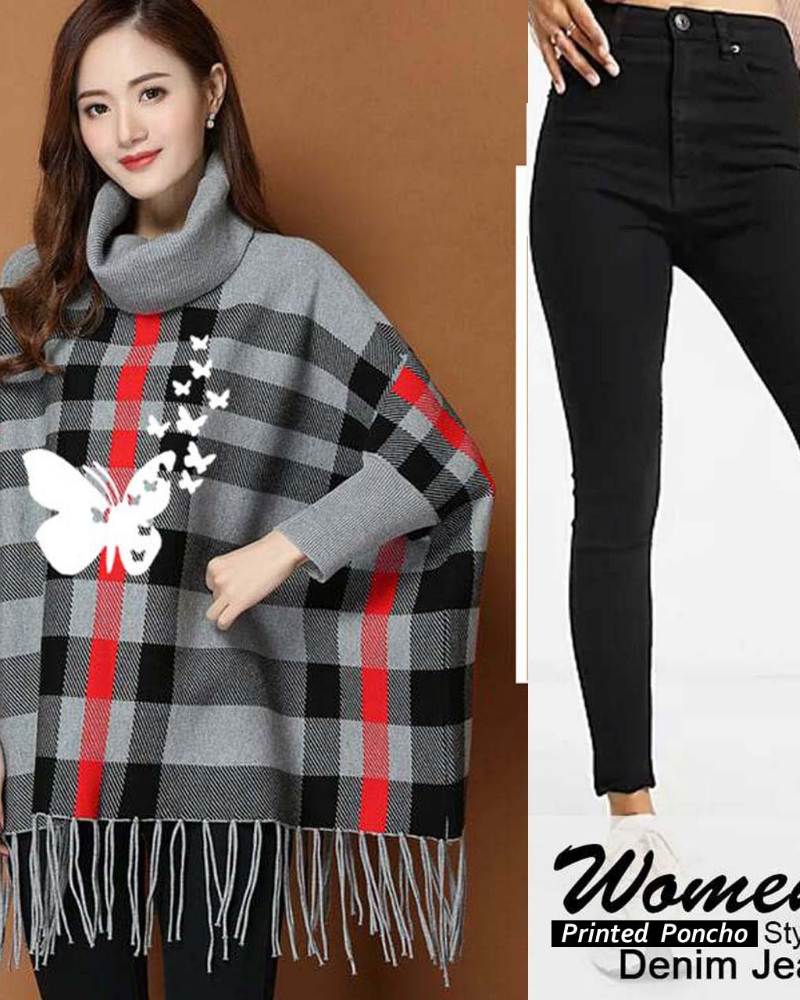 Checkered Bat-Wing Style Printed Fleece Poncho - Image 6