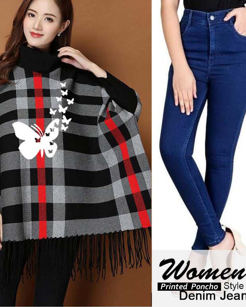 Checkered Bat-Wing Style Printed Fleece Poncho - Image 5