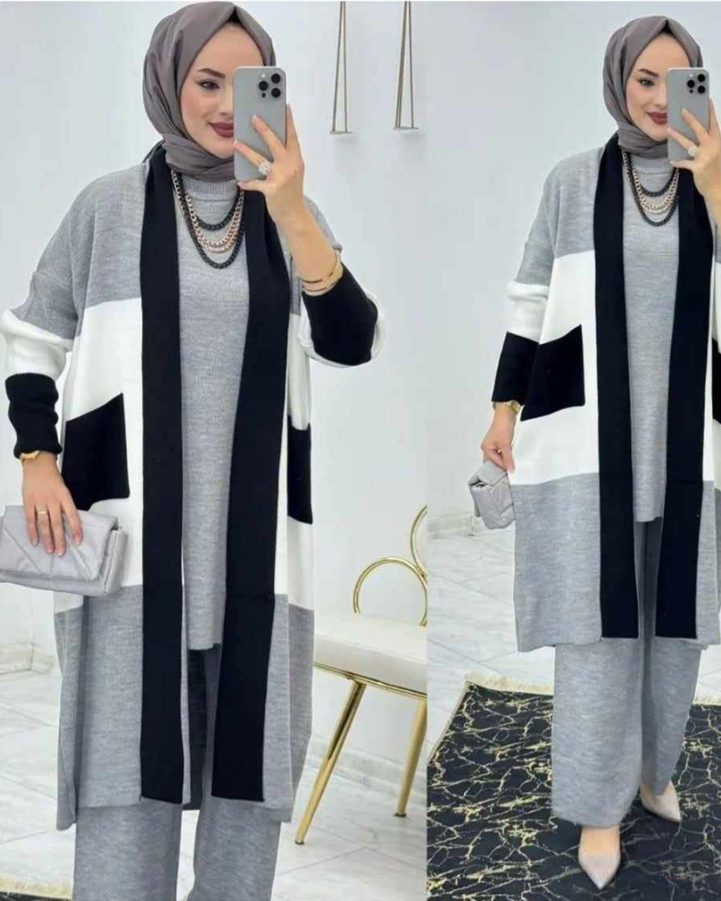 Turkish Patch-Work Gown Style 3-Pcs Winter Co-Ord Set - Image 2