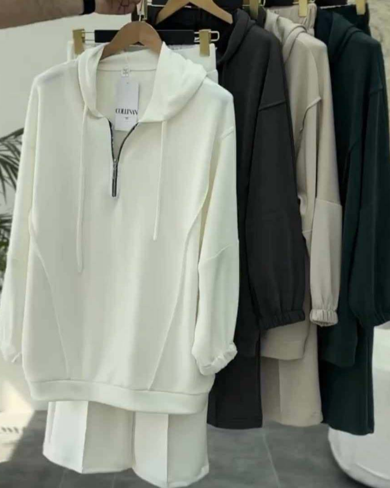 Drop-Shoulder Short Zip Hoodie Tracksuit - Image 3