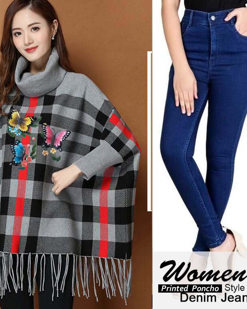 Checkered Bat-Wing Style Printed Fleece Poncho - Image 4