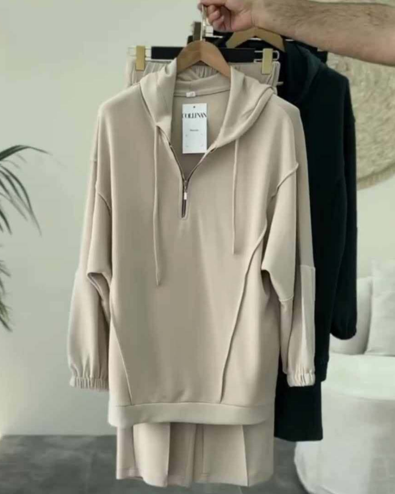 Drop-Shoulder Short Zip Hoodie Tracksuit