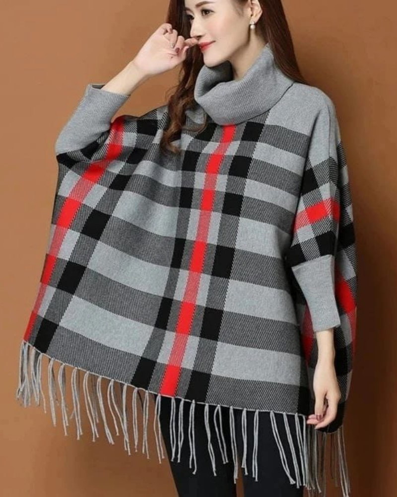 Checkered Bat-Wing Style Printed Fleece Poncho - Image 12