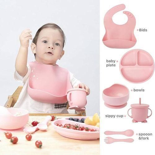 Food Grade Silicone Children’s Tableware Set Baby Food Bowl Fork Spoon Bib round Partition Dinner Plate Supplementary Food Kit